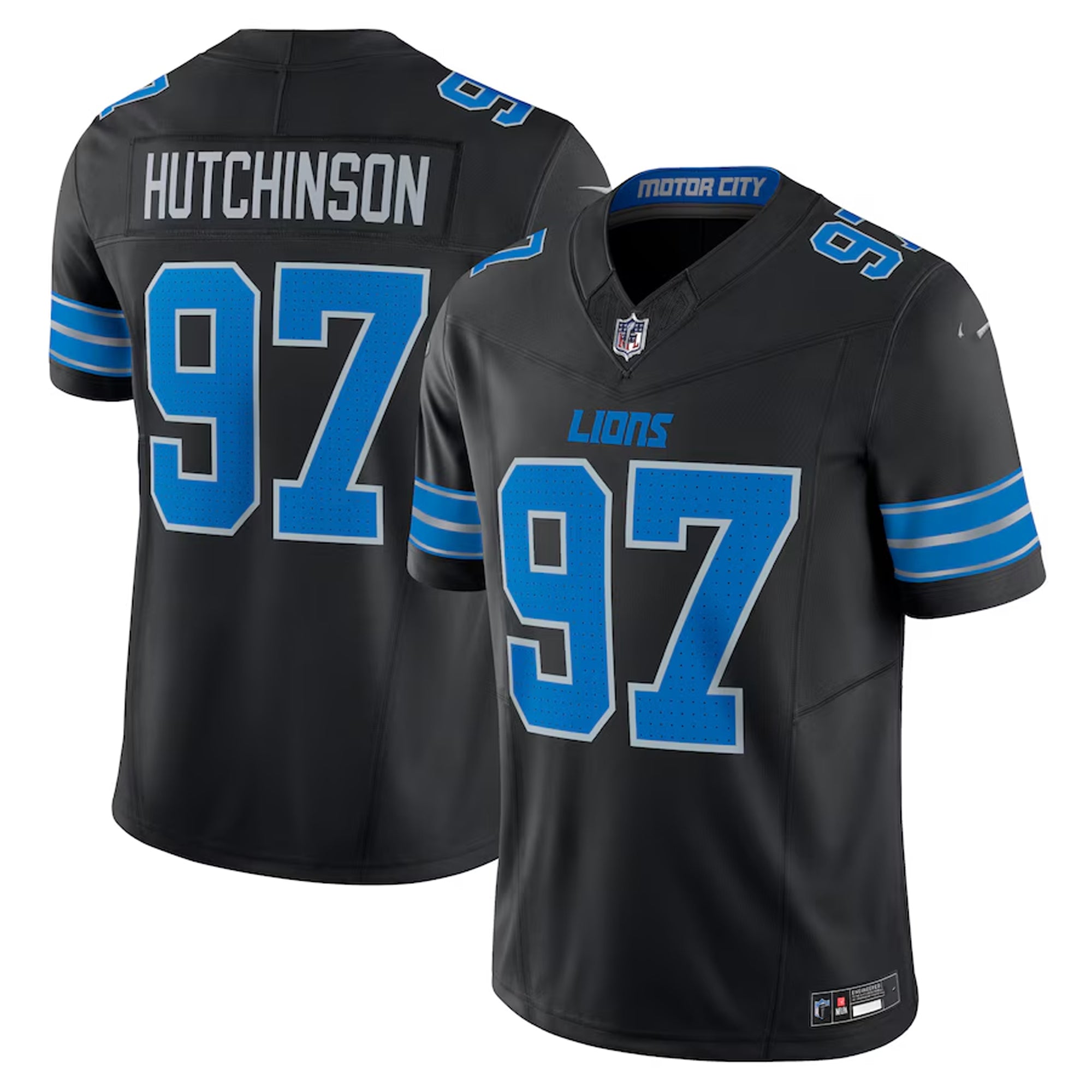A black and blue football jersey with the name 'HUTCHINSON' and the number '97' printed on it.