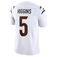 A white sports jersey with the name 'HIGGINS' and the number '5' printed on the back.