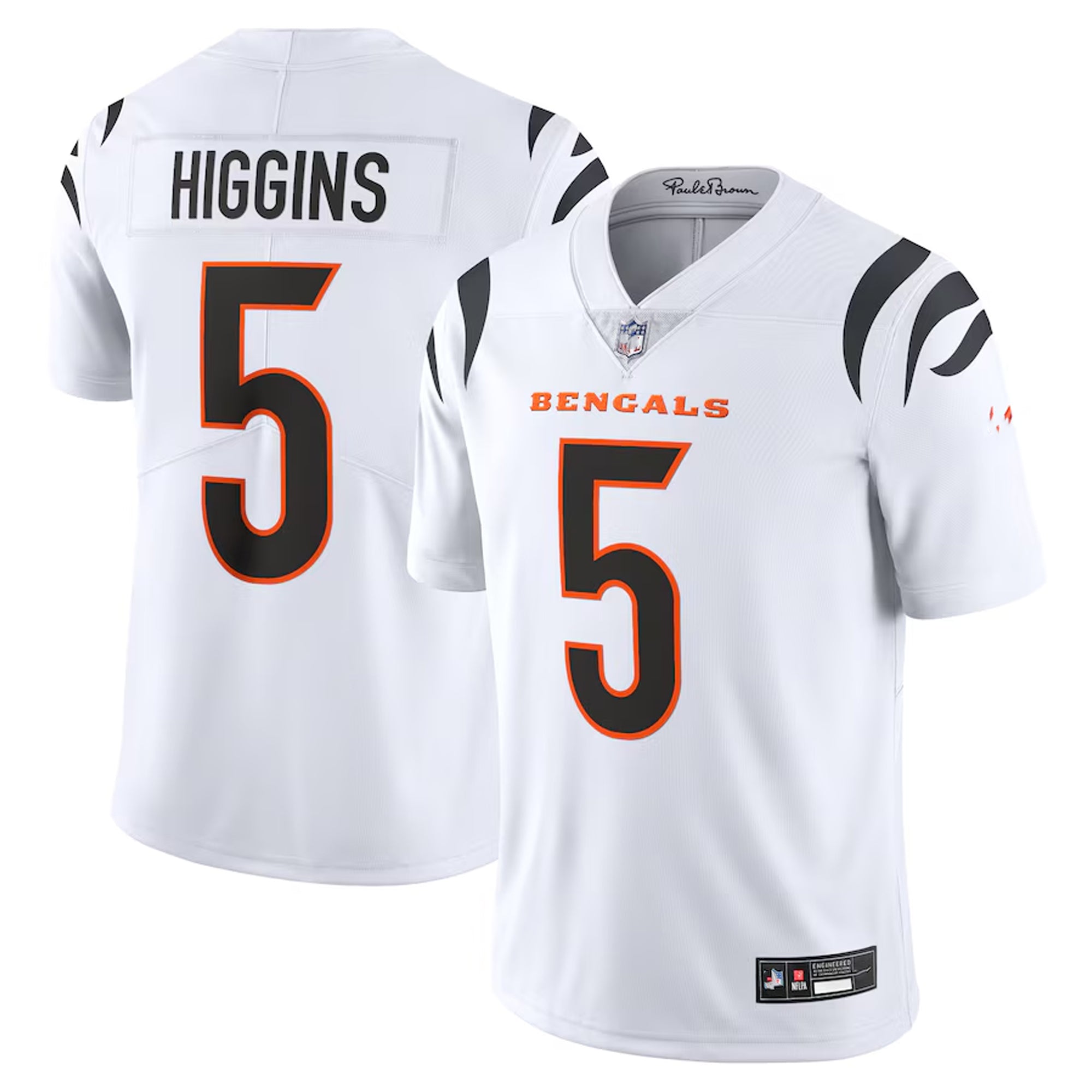 A white football jersey with the number 5 and the name "HIGGINS" printed on the back.