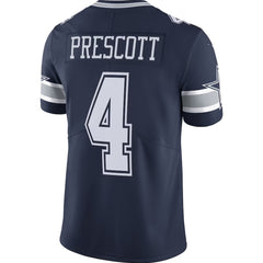 A navy blue football jersey with the number 4 and the name "Prescott" printed on the back.