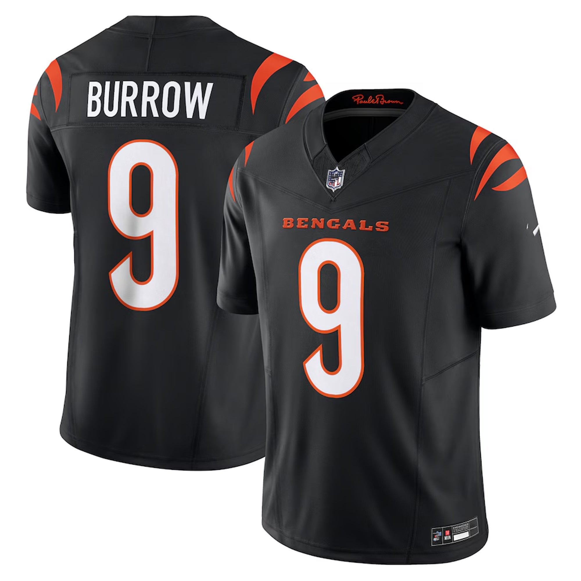 A black and orange football jersey with the name 'BURROW' and the number '9' printed on it.