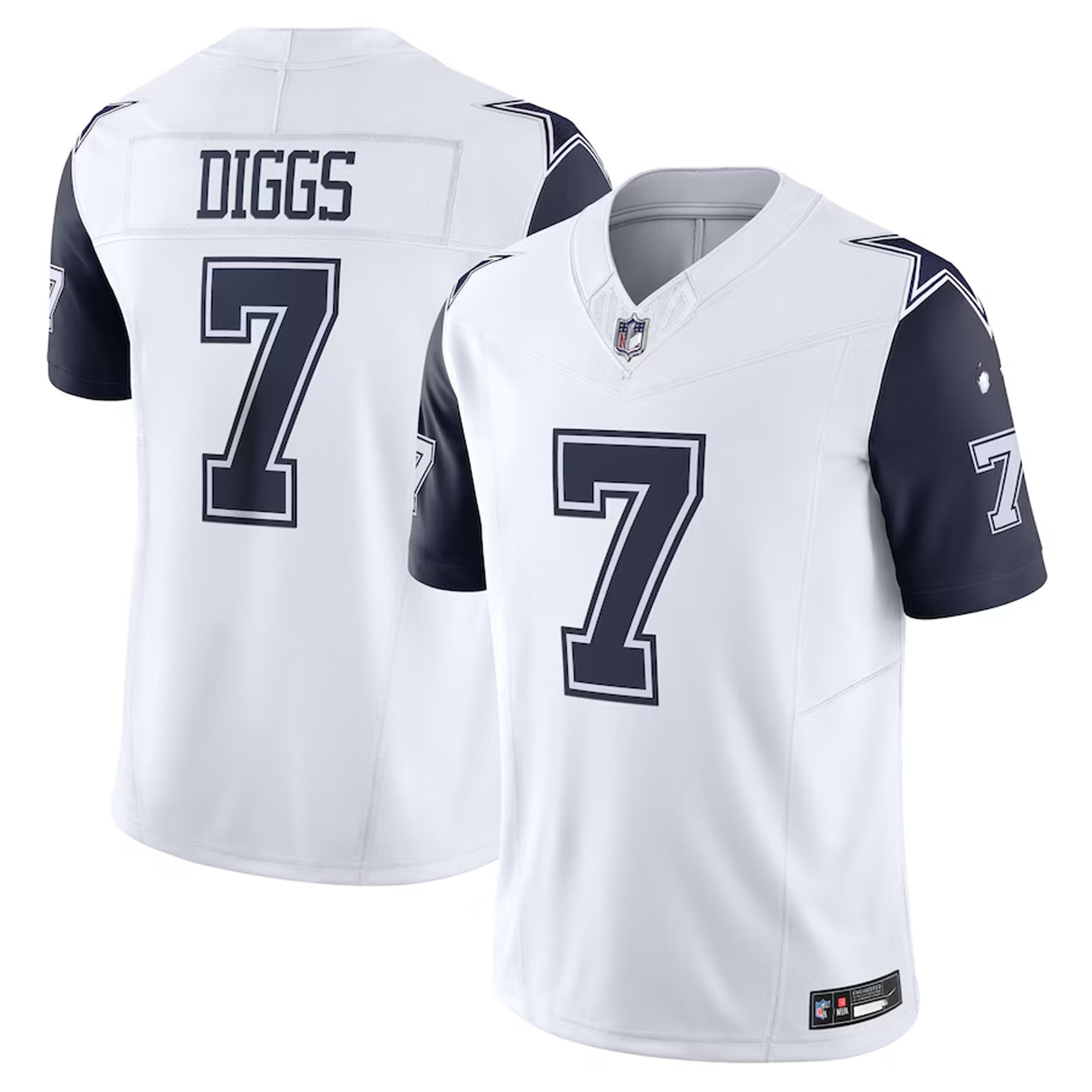 A white and navy blue football jersey with the name 'DIGGS' and the number 7 printed on it.