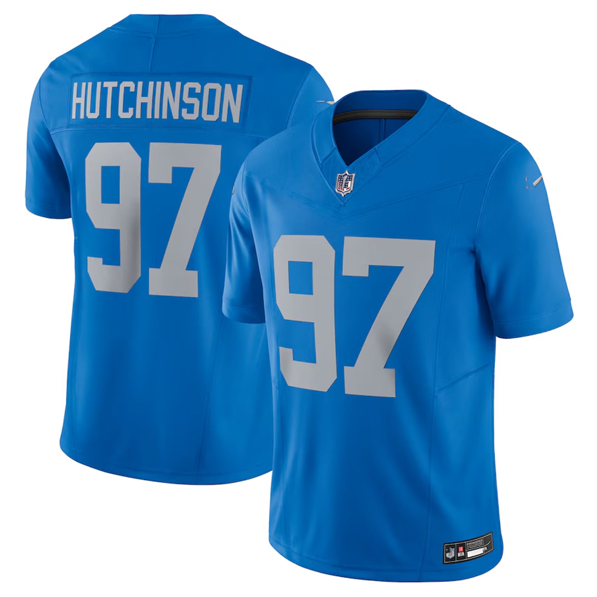 A blue football jersey with the number 97 and the name Hutchinson printed on it.