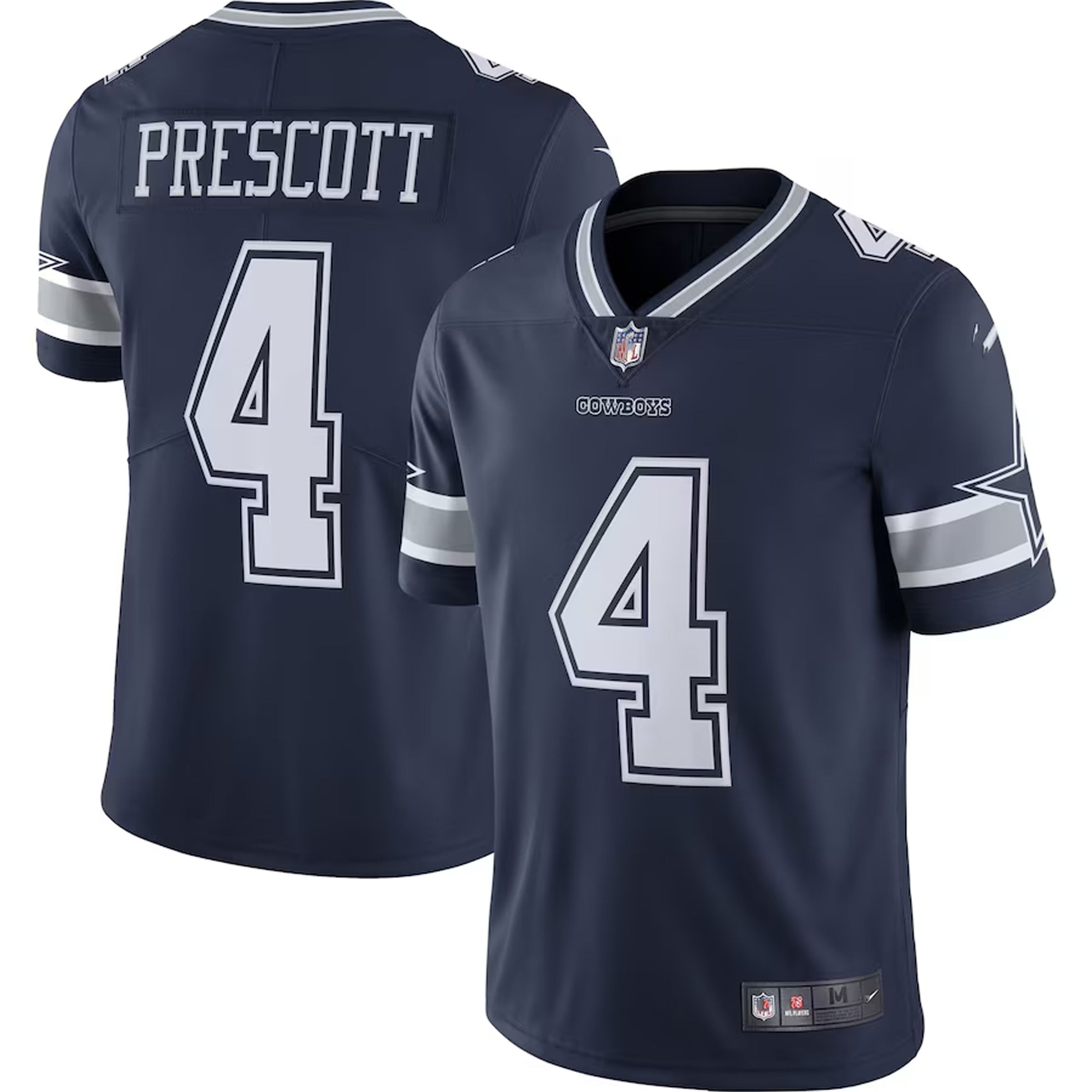 A navy blue football jersey with the number 4 and the name "Prescott" printed on the back.
