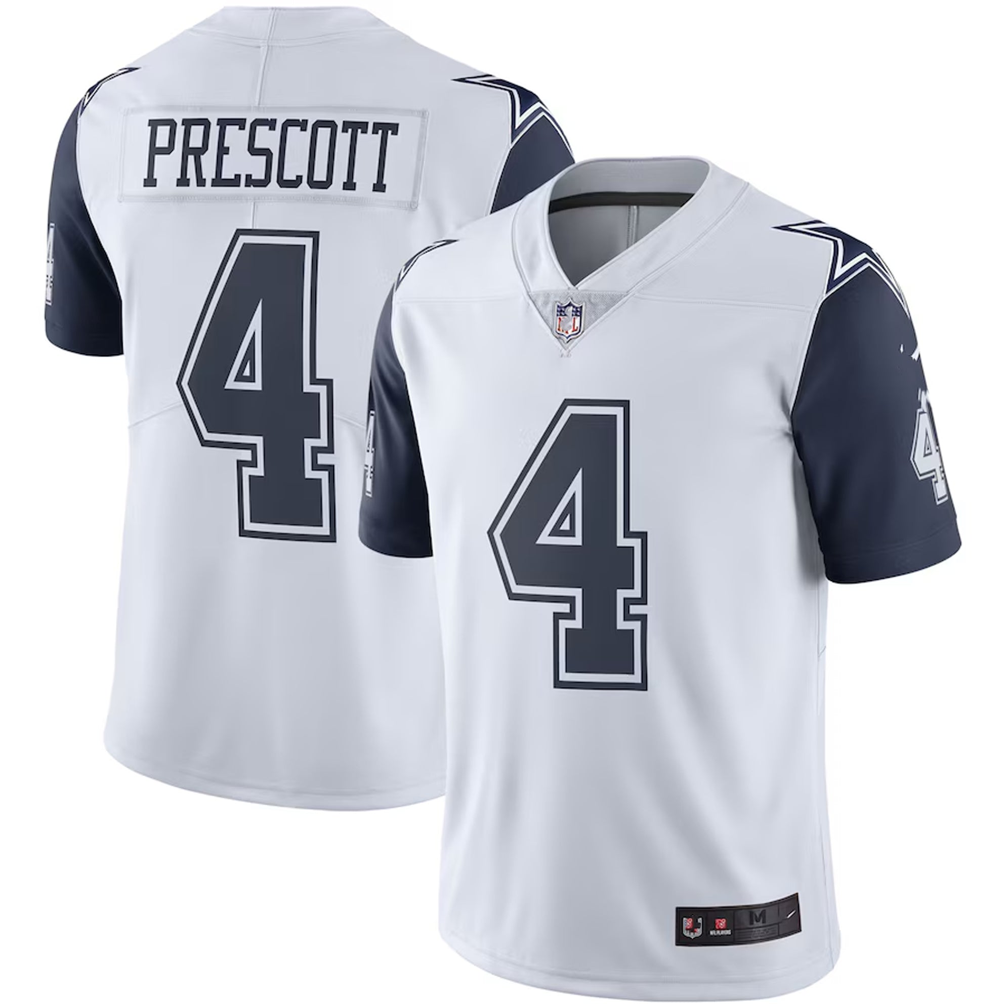 A white and navy blue football jersey with the number 4 on it.