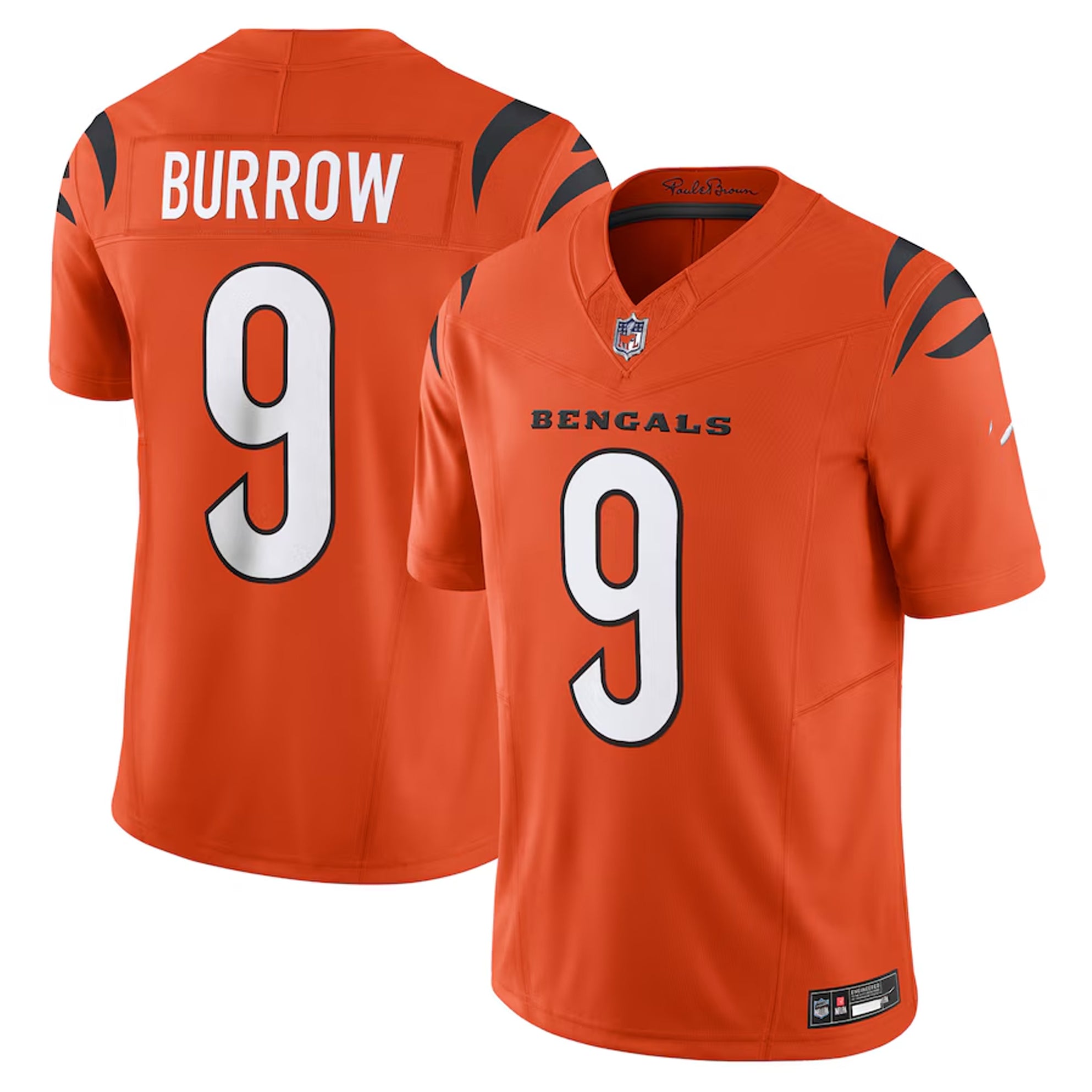 Orange and black football jersey with the name 'BURrow' and the number '9' printed on it.