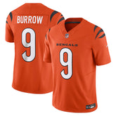 Orange and black football jersey with the name 'BURrow' and the number '9' printed on it.