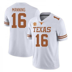 Texas Longhorns #16 Manning Football Jersey | White NCAA College Game Day Shirt | SEC Fan Gear