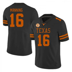 Texas Longhorns #16 Manning Football Jersey | Black NCAA College Game Day Shirt | SEC Team Fan Gear
