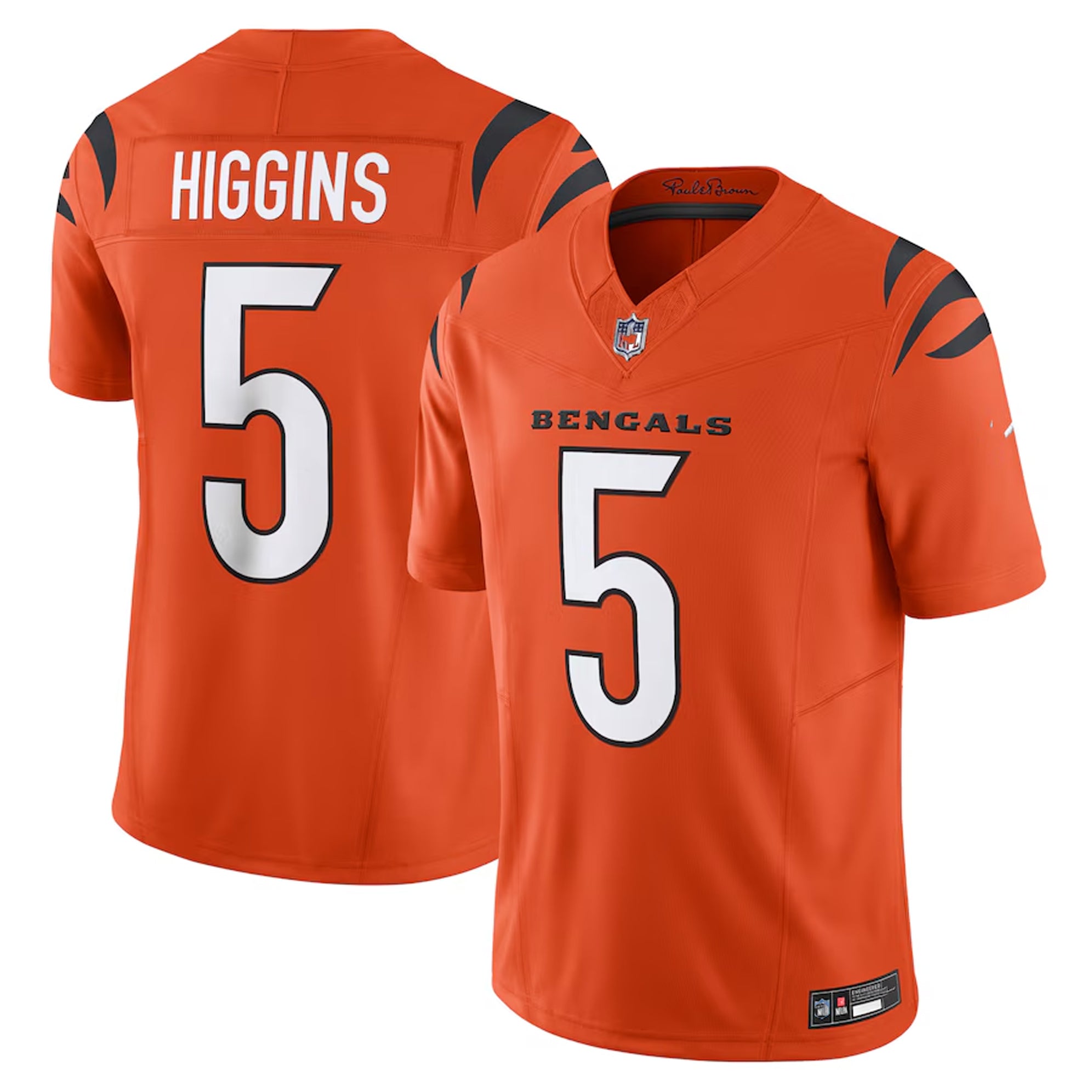 A bright orange football jersey with the name 'HIGGINS' and the number '5' printed on it.