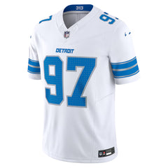 A white and blue football jersey with the number 97 and the word "Detroit" printed on it.