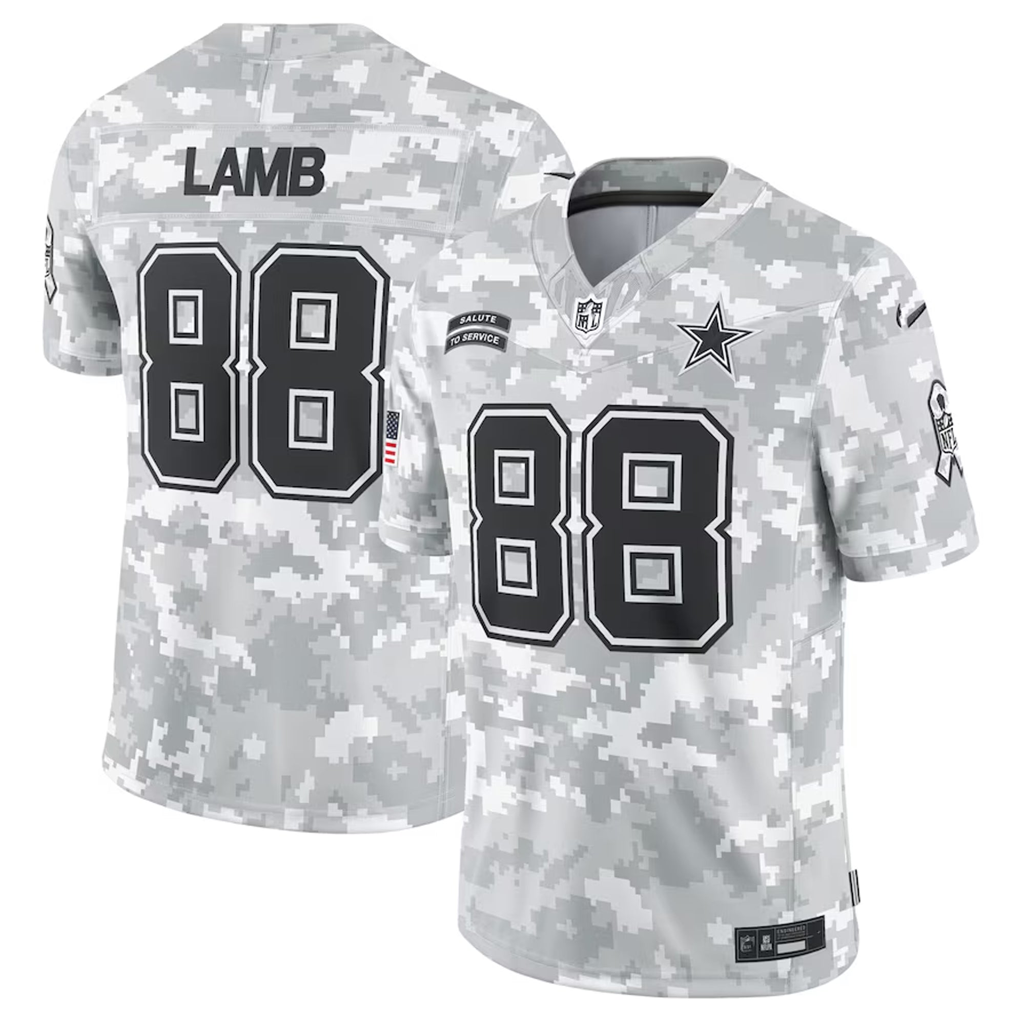 A grey and white camouflage football jersey with the number 88 and the name "LAMB" printed on the back.