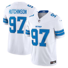 A white football jersey with blue accents, featuring the name 'HUTCHINSON' and the number '97' on the back, and the number '313' on the front.