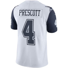A white and navy blue football jersey with the name "PRESCOTT" and the number "4" printed on the back.