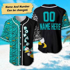 Custom Donald Duck Pattern Turquoise Baseball Jersey, Donald Duck Baseball Team Outfit, Magic Kingdom Shirt, Birthday Gift For Kid Adult