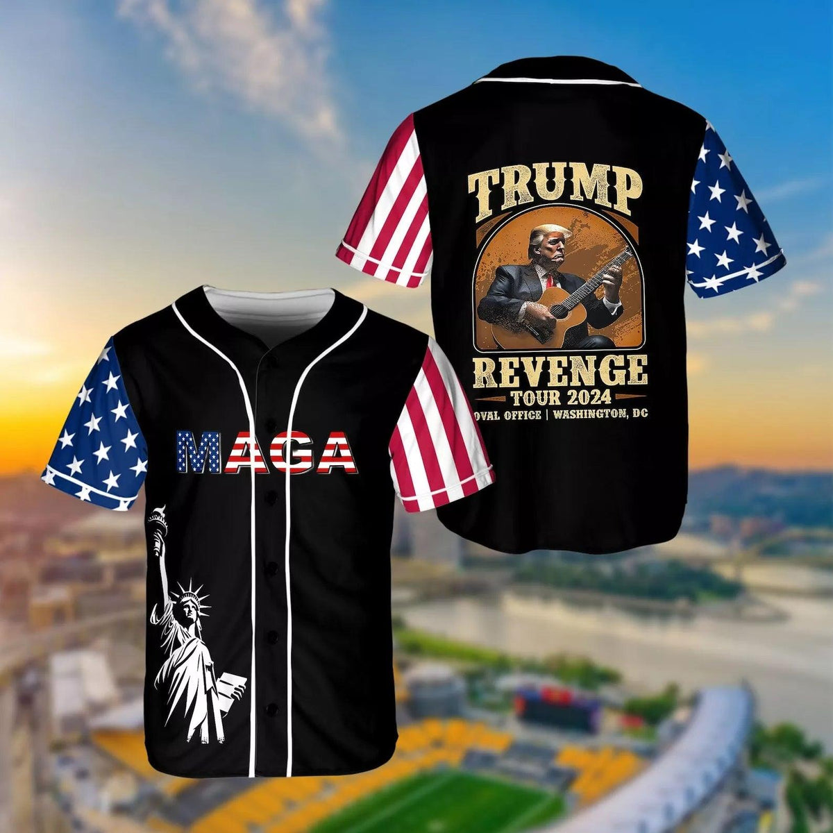 Maga Trump Playing Guitar Revenge Tour 2024 47th President Baseball Jersey Shirt