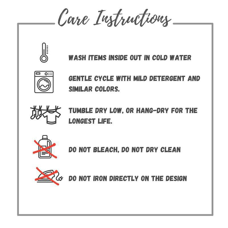 care instructions for washing and caring for various items, including a washing machine, gentle cycle, tumbling dry, and ironing.