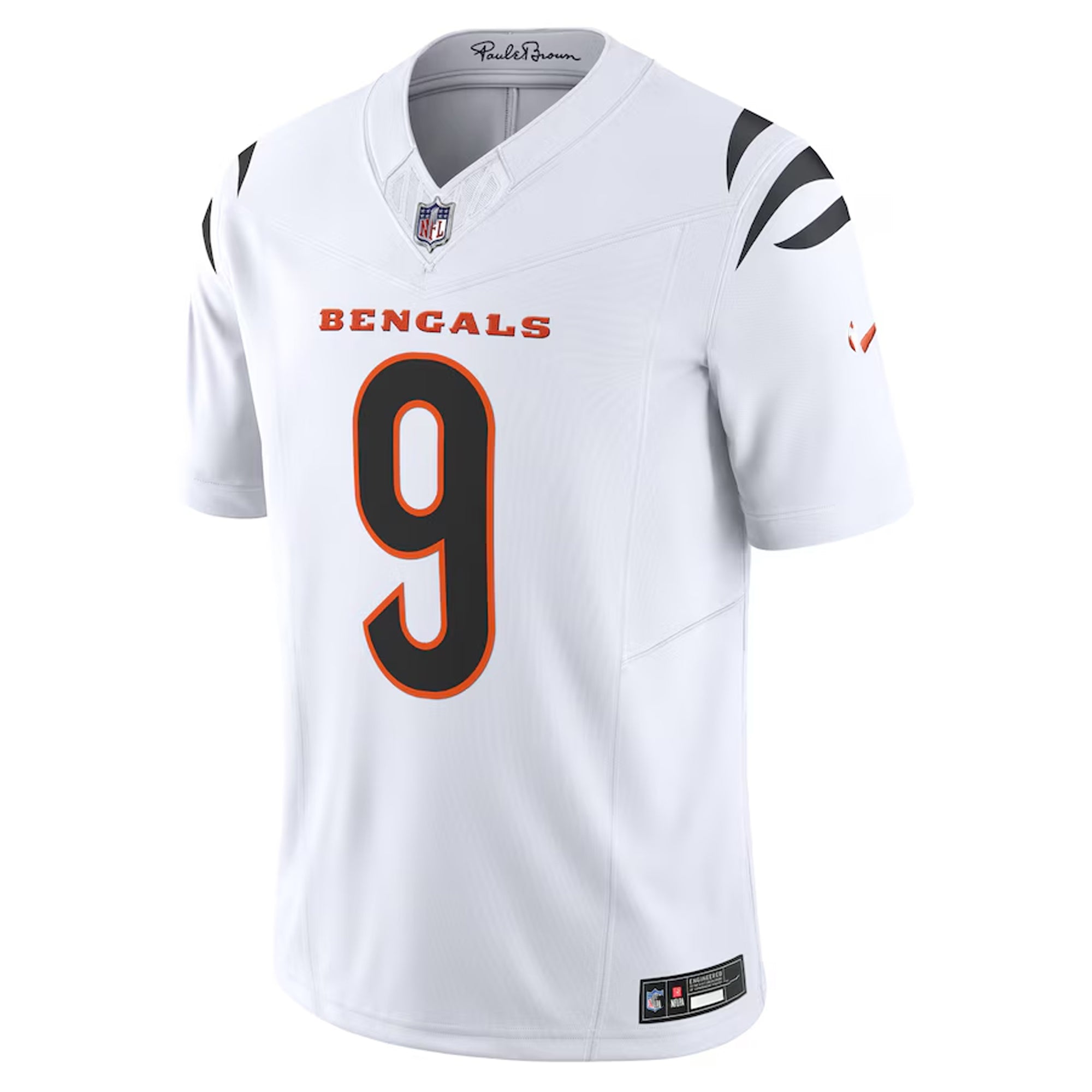 A white football jersey with the number 9 and the word "BENGALS" printed on it.