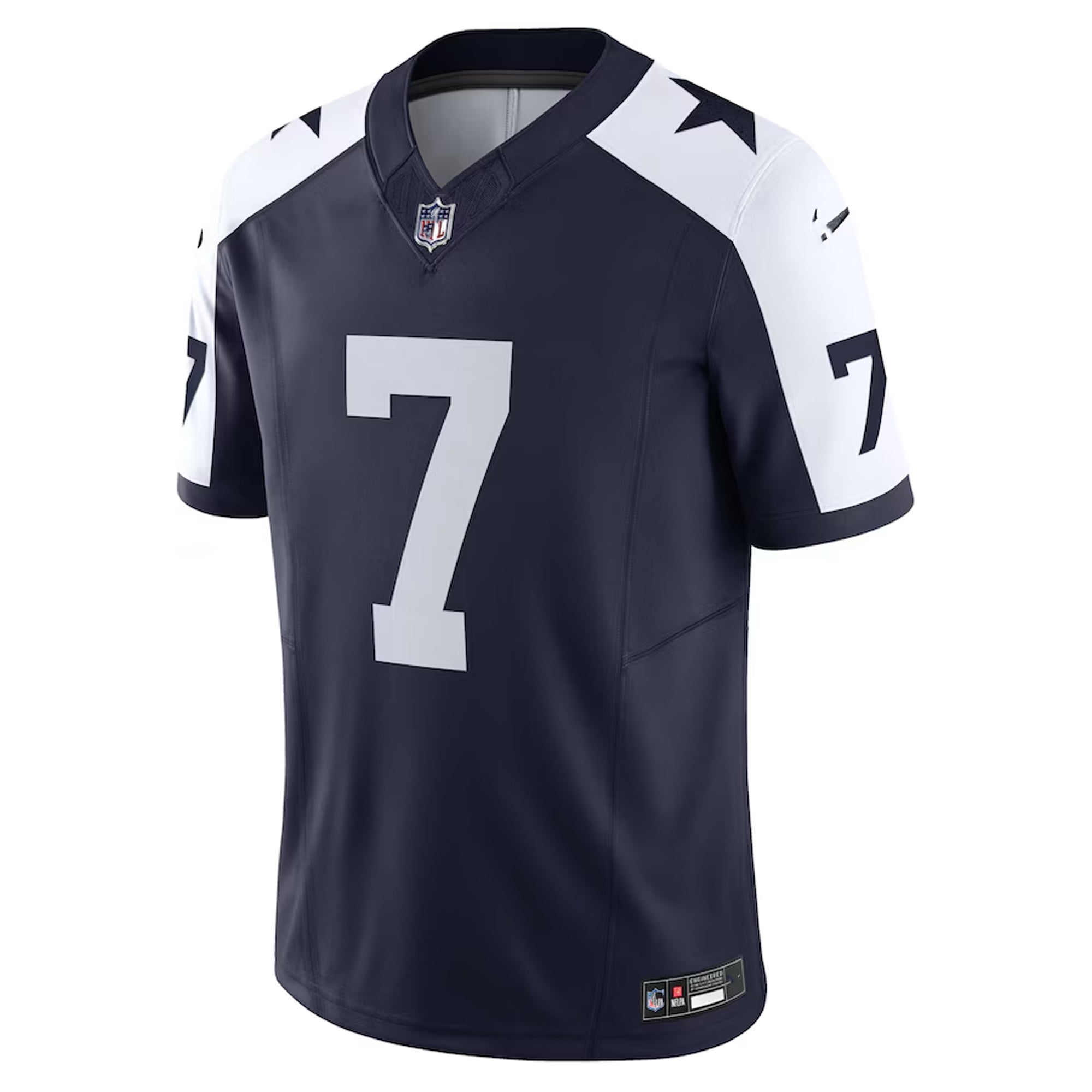 A navy blue and white football jersey with the number 7 on it.