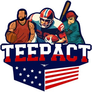 Logo with athletes holding sports equipment and 'TEEPACT' text on an American flag background
